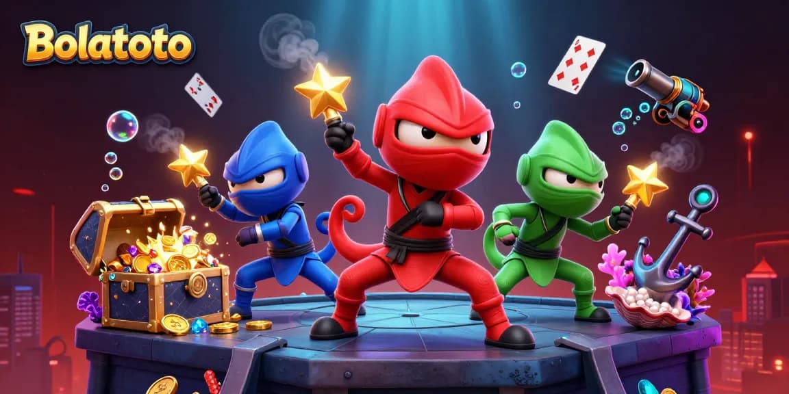 Experience Bolatoto's dynamic gambling energy with a vibrant illustration of ninja chameleons and casino elements.