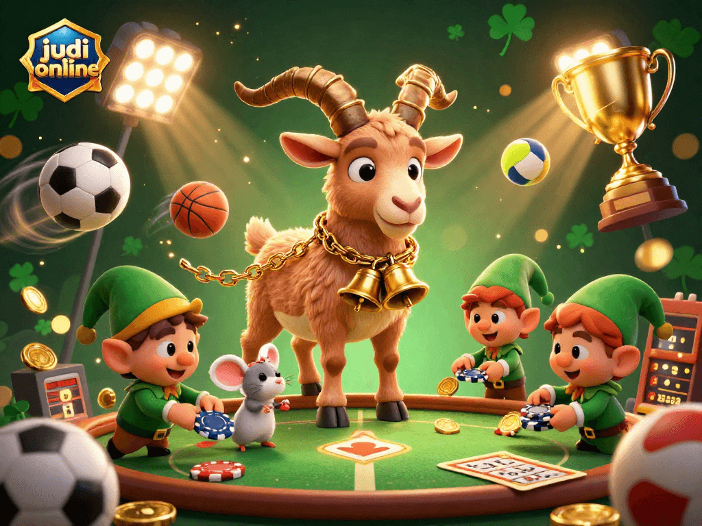 Experience judi bola online excitement with characters in a festive casino scene filled with sports elements.