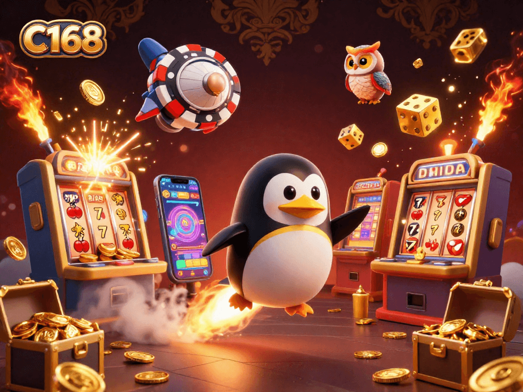 C168 penguin blasts through space towards a casino station, surrounded by dynamic game elements and coins.