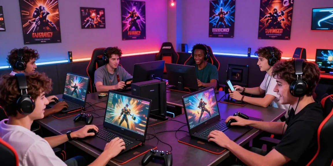 Adults playing porn games online in a lively gaming lounge with vibrant atmosphere and dynamic interactions.