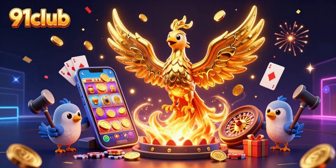 Win big with 91club in a vibrant casino illustration featuring a golden phoenix and exciting game elements.