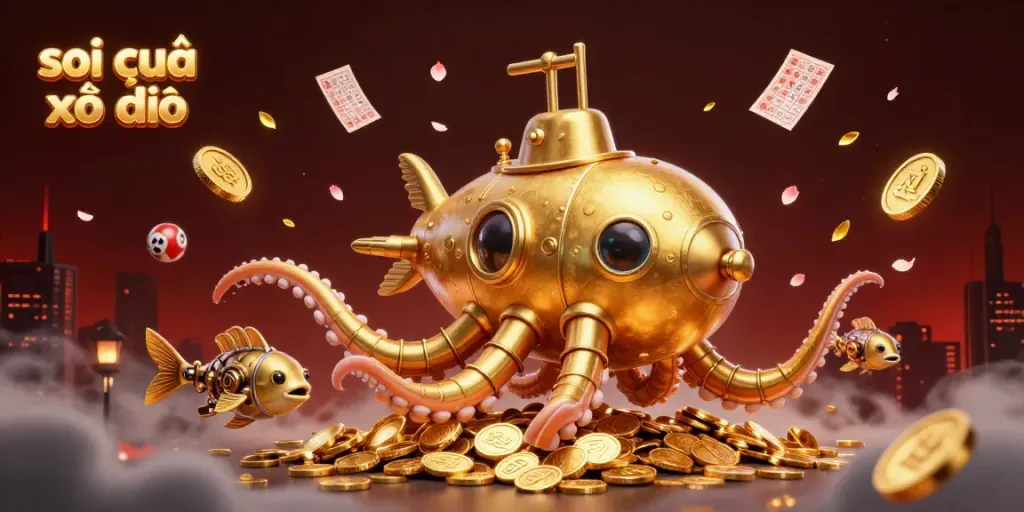 Engage with the exciting scene of soi cầu xổ số with golden kraken submarine emerging from a sea of coins.