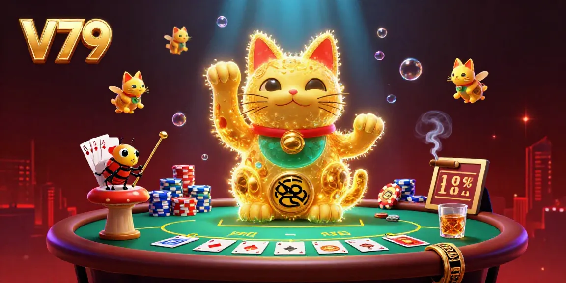 Experience the thrilling action at V79 with a vibrant casino-themed illustration showcasing golden fireflies and poker elements.