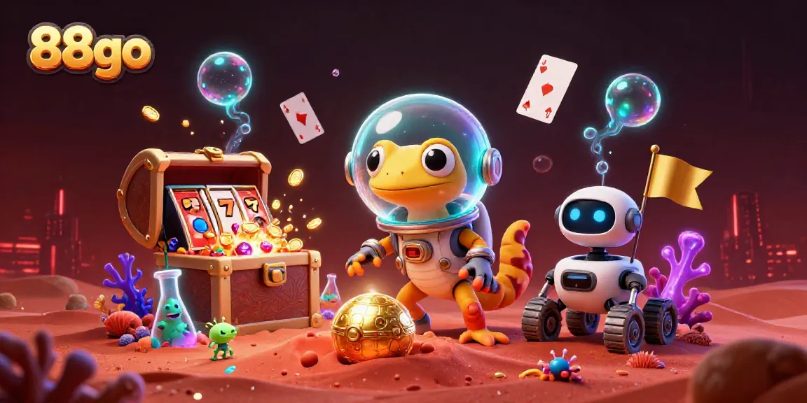 Play slots with 88go Martian gecko exploring a buried casino, vibrant and engaging digital scene.