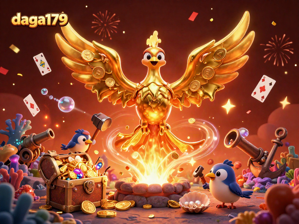 daga179 ignites excitement with a golden phoenix and vibrant casino elements, celebrating winning moments