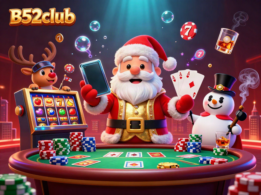 Engage with B52club's exciting casino adventure featuring Santa, a reindeer, and a snowman.