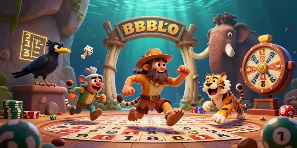 Bermain bingoslot dengan kartu bingo dan bola bernomor di kasino prasejarah yang semarak.