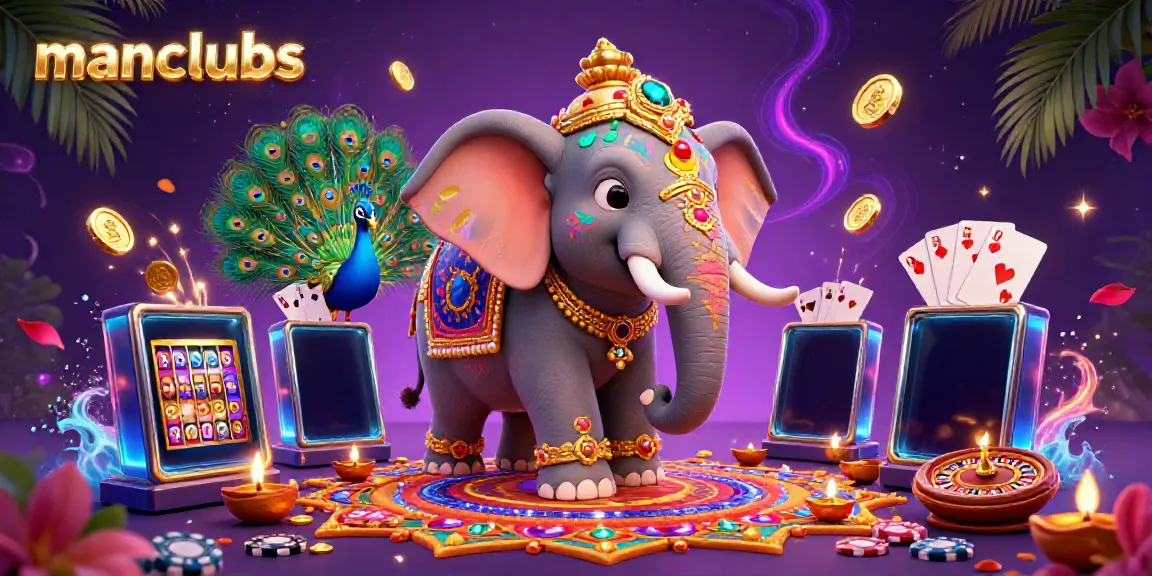 Experience manclubs in a vibrant setting featuring an elephant, peacock, and dynamic slot games.