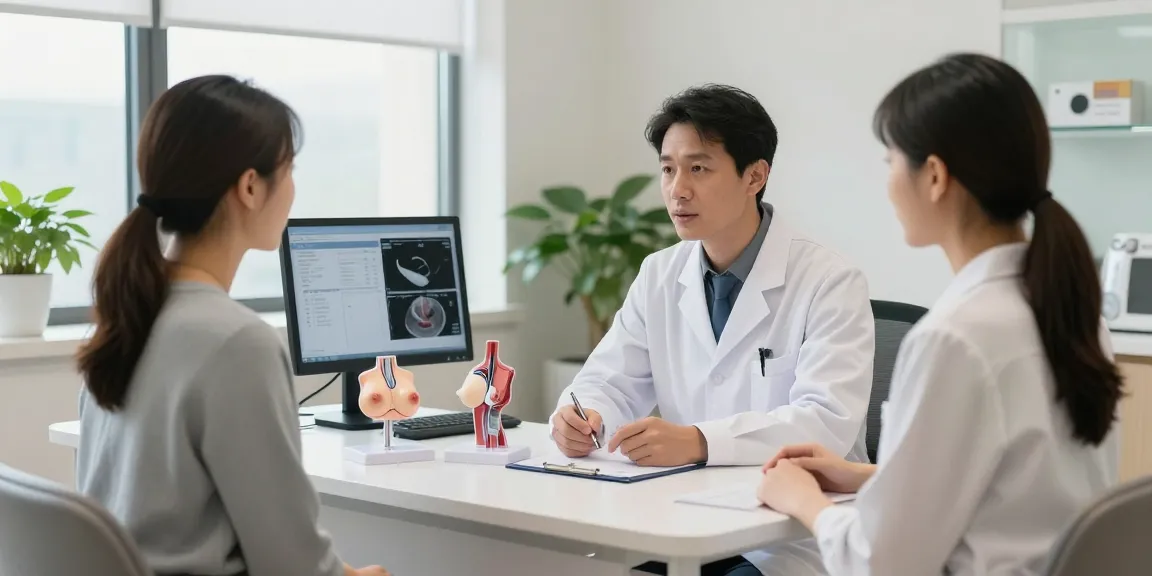 Breast surgery specialist consulting with a patient in a modern clinic
