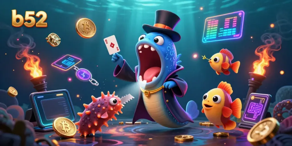 Engage with the thrilling atmosphere of b52 with a cartoon eel performing magic in a vibrant underwater casino world.