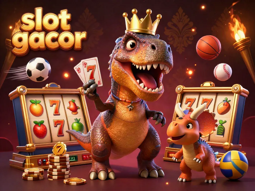 Experience the excitement of slot gacor with a dynamic 3D T-Rex and friends engaged in casino action.