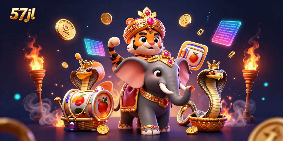 Experience thrilling wins with 57jl's rich casino-themed illustration featuring a majestic elephant and ruby-encrusted tiger.