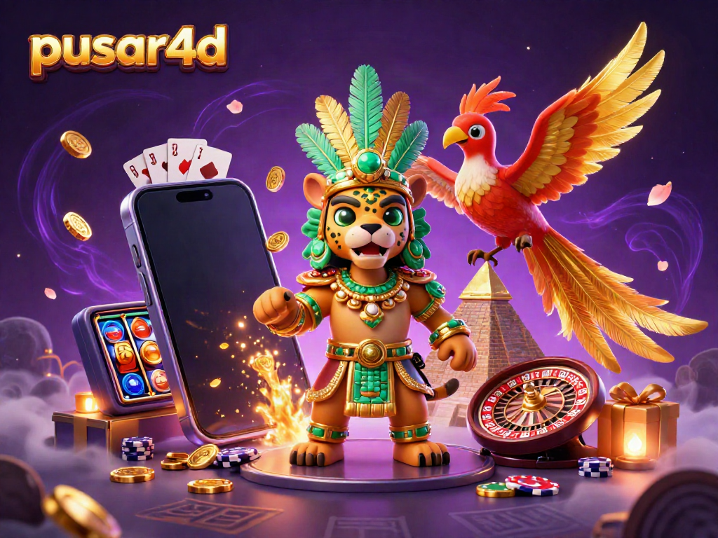 Pusar4d slot games come alive with action at a vibrant casino scene featuring a Mayan priest, quetzal bird, and glowing games.