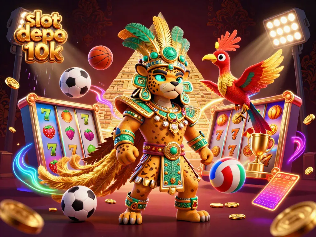 Experience thrilling action on the slot depo 10k with a vibrant casino-themed 3D illustration packed with dynamic game elements.