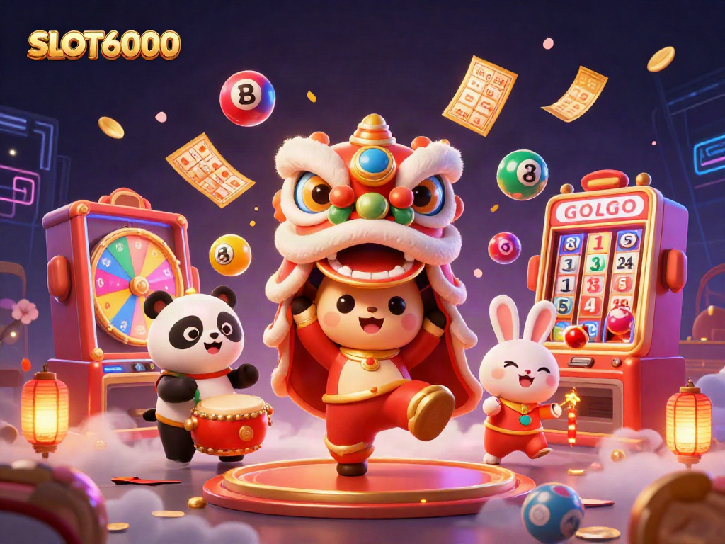 SLOT6000 interactive scene showcasing a lively Chinese New Year festival with animated slots and gaming elements engaging players