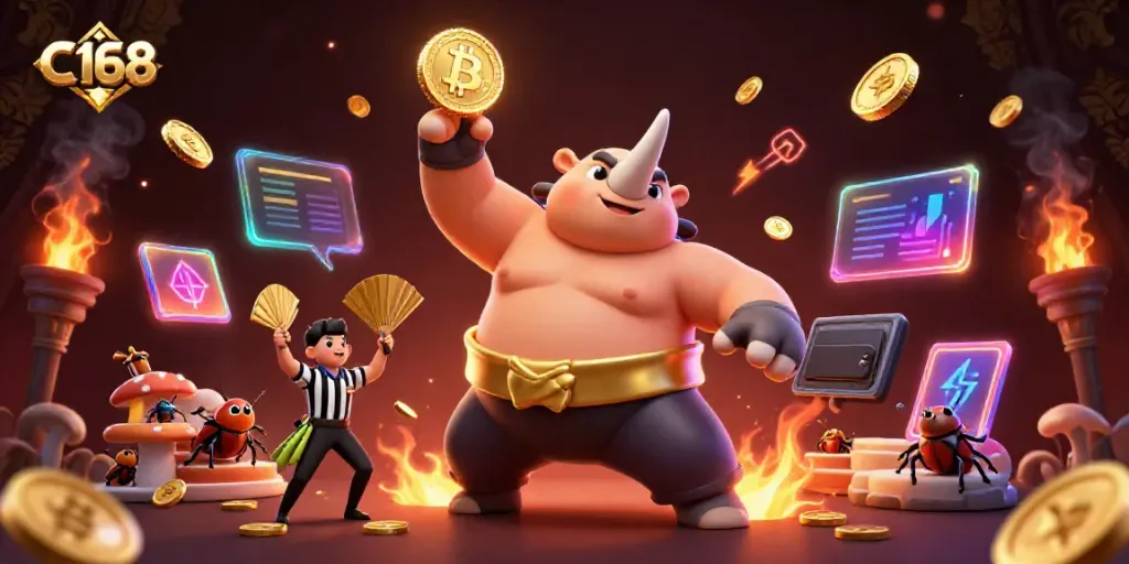 C168's sizzling jackpot scene with a sumo champion beetle amidst flying coins and crypto elements.
