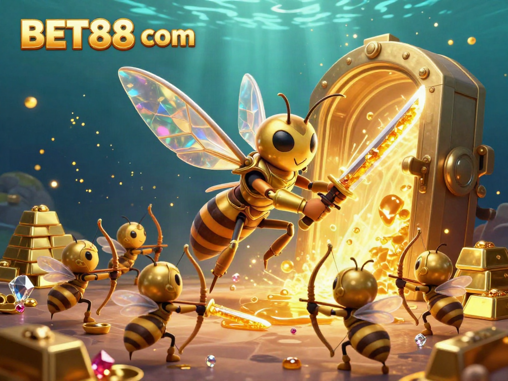 Engage with the vibrant BET88 com casino experience through this immersive 3D scene showcasing excitement and treasure.