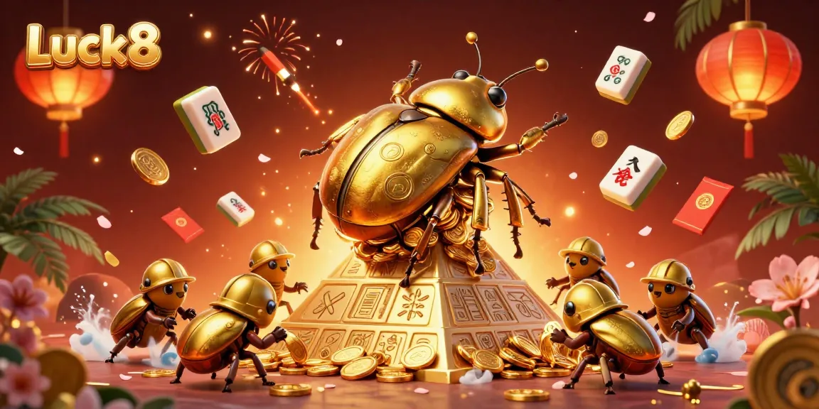 Experience Luck8 with a golden beetle rolling coins at a vibrant casino scene