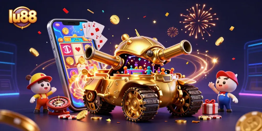 Experience thrilling gaming at lu88 with a vibrant scene featuring a golden beetle casino tank and exciting slot games.
