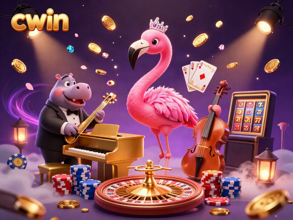 Experience the vibrant casino atmosphere with cwin lounge singer and hippo bassist surrounded by floating coins and game elements.