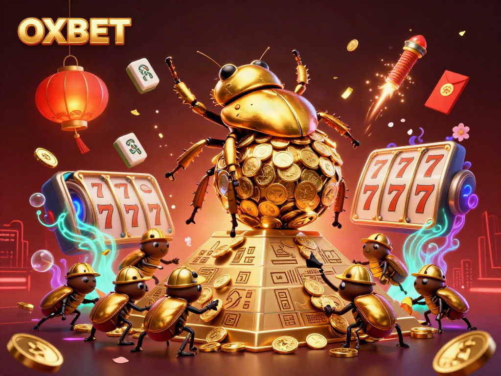 Engage with OXBET through a vibrant casino scene featuring golden elements and dynamic characters.