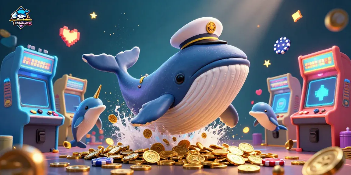Experience the excitement of 789lub-pro with a whale and friends amidst coins and arcade games.
