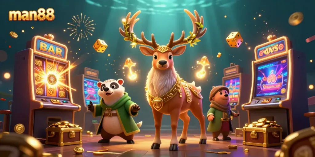 Win big with man88 in this vibrant casino-themed illustration filled with excitement.