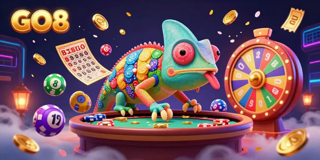 GO8 vibrant casino illustration featuring a chameleon owner catching coins and lottery elements.
