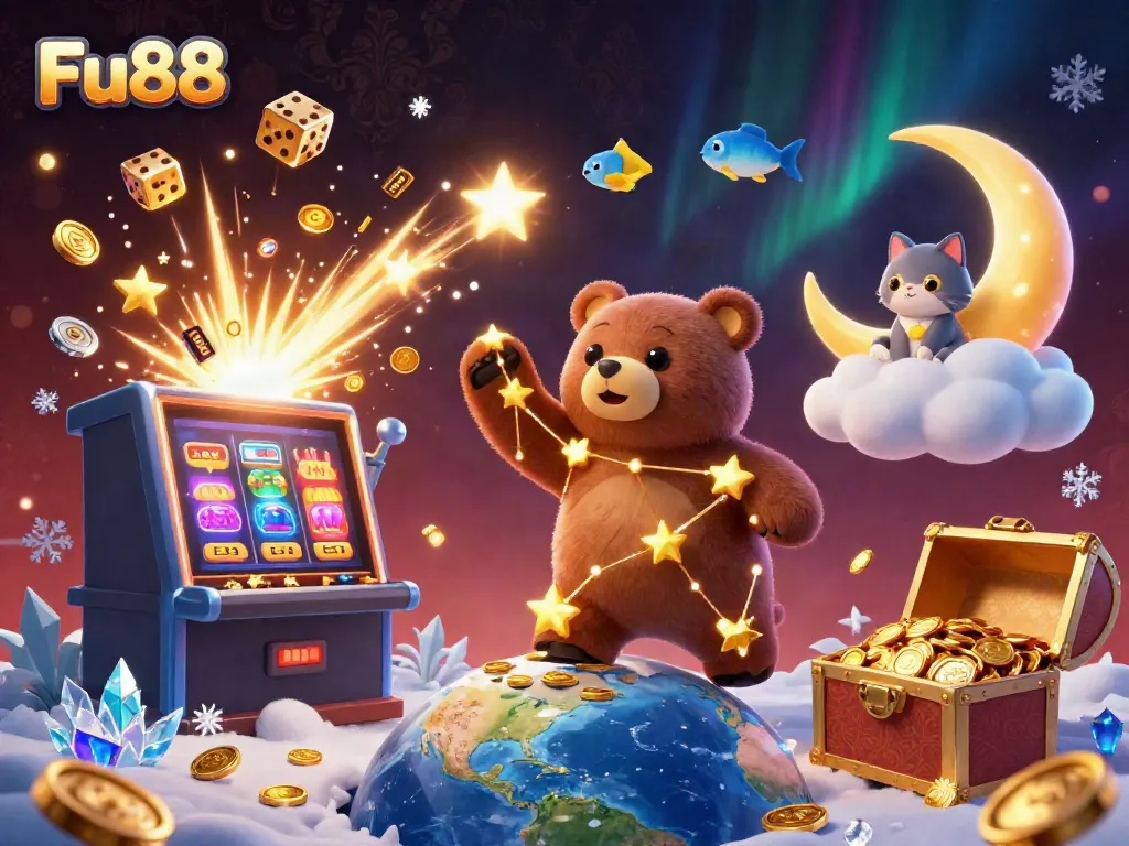 Engage with Fu88 in a vibrant 3D casino scene full of dazzling elements and characters.