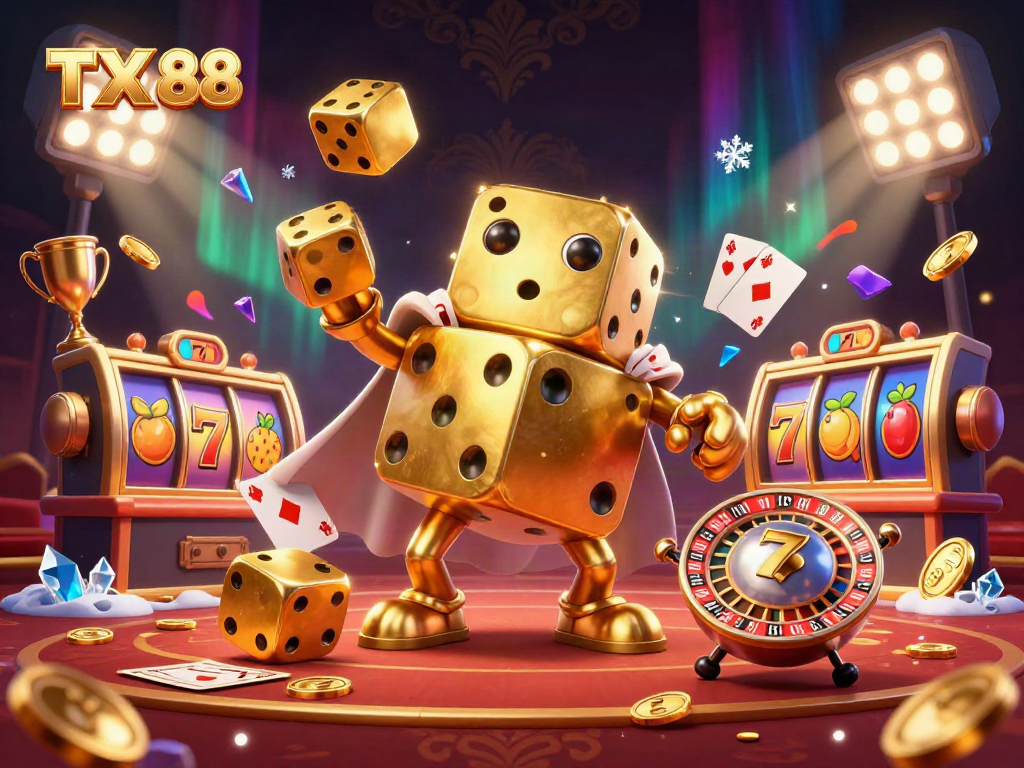 Win big with TX 88 in this exhilarating casino illustration showcasing slot reels, dice, and vibrant game elements.