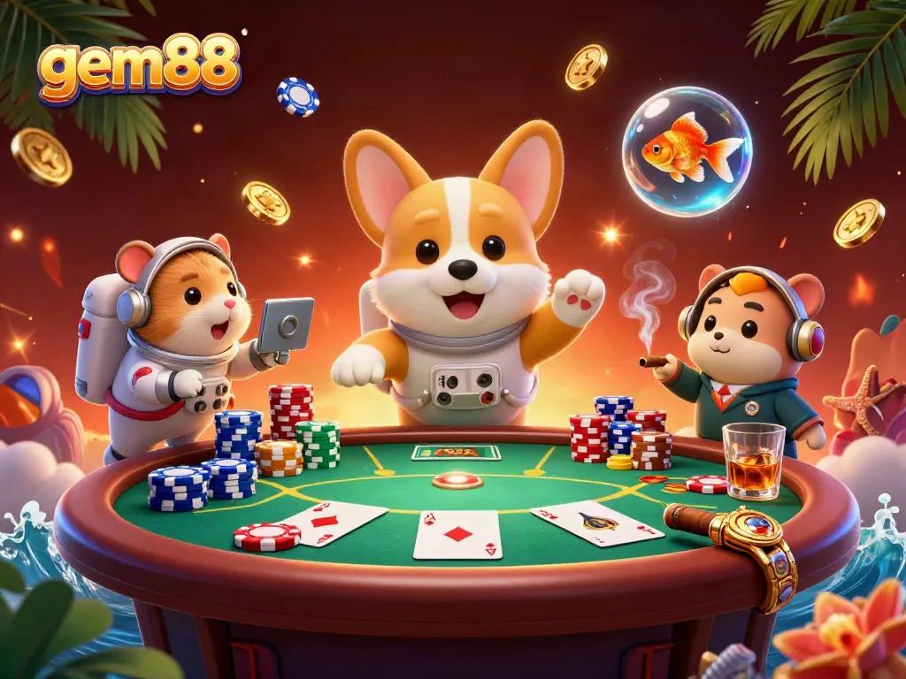 Engage with gem88 in a vibrant space casino, where a corgi astronaut enjoys thrilling games with friends.