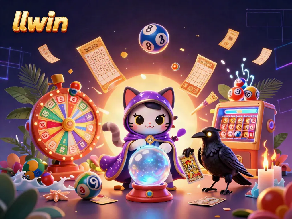 Experience the dynamic world of llwin with colorful lottery balls and a mystical fortune teller in a captivating casino scene.