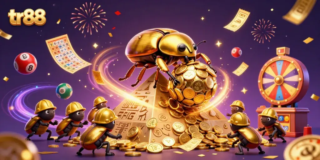 Experience the excitement of tr88 with dynamic lottery and casino elements in a vibrant 3D scene.