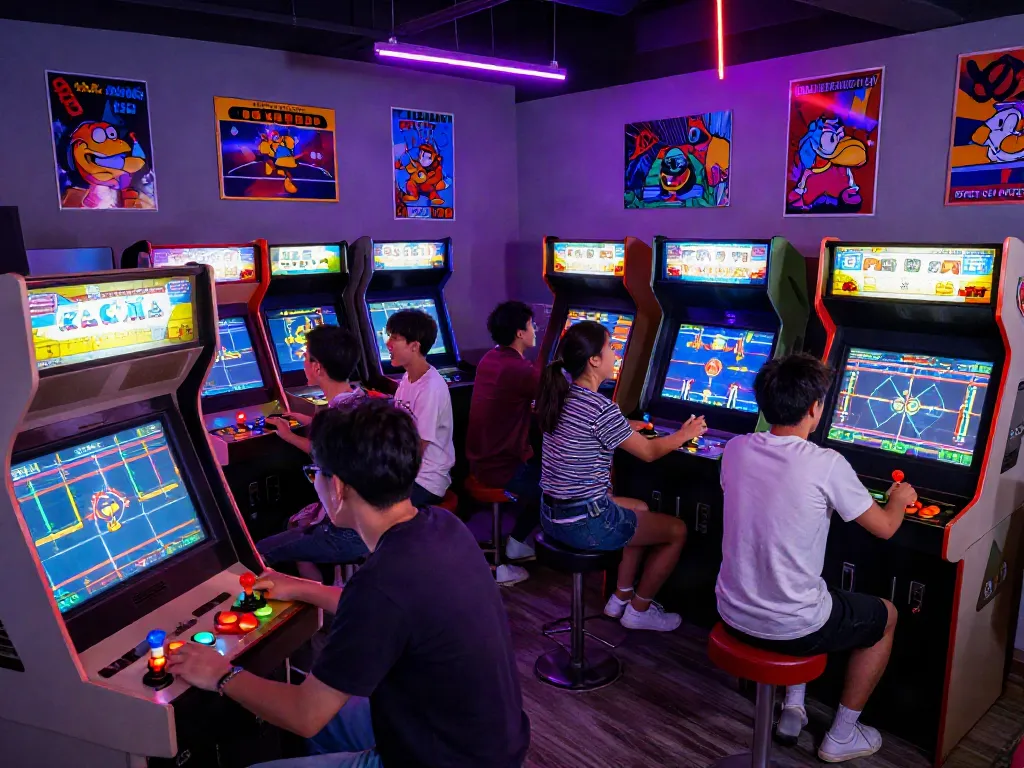 Experience the excitement of classic games with pecah404, featuring retro consoles and enthusiastic players in a vibrant arcade atmosphere.