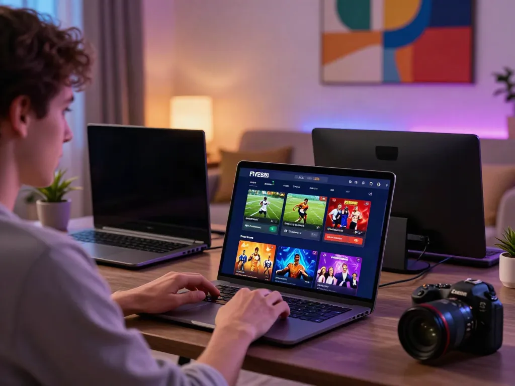Engaged user exploring the five 88 online gaming platform in a stylish living room.