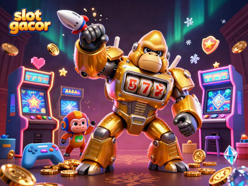 Experience slot gacor action with a golden gorilla mech and vibrant gaming environments.