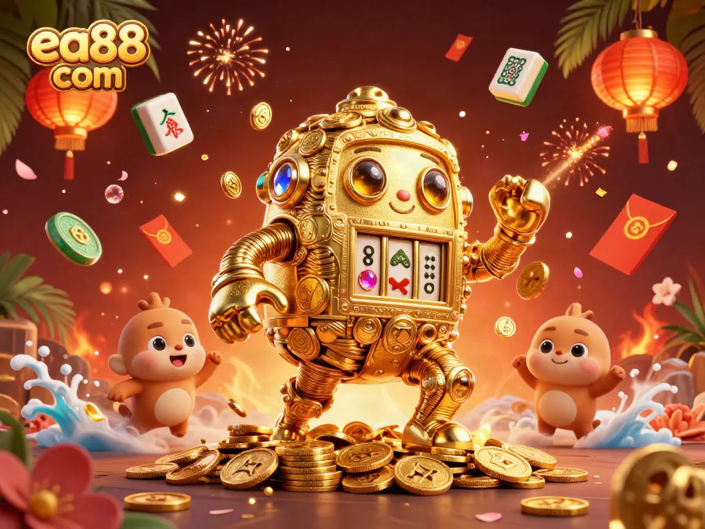 Join in the fun on ea88 com with dynamic gaming elements featuring a golden golem and casino symbols.