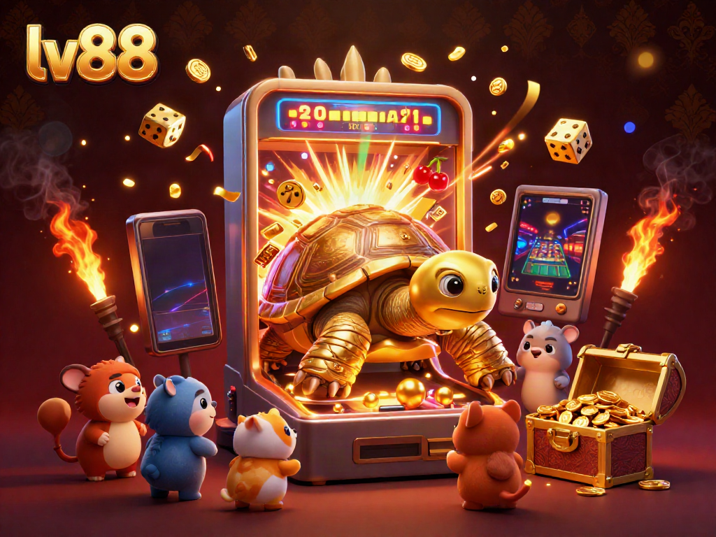 Experience exciting casino action with lv88's dynamic 3D illustration, showcasing games and vibrant energy.