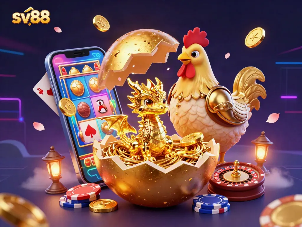 Experience the thrill of sv88 with a golden dragon and poker chips amidst vibrant online gaming elements.