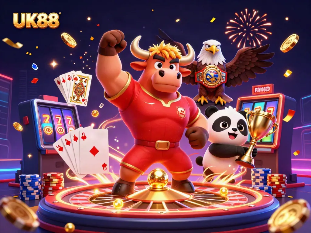 Engage with UK88's winning spirit, featuring a cartoon bull, eagle, and panda in a vibrant casino scene.
