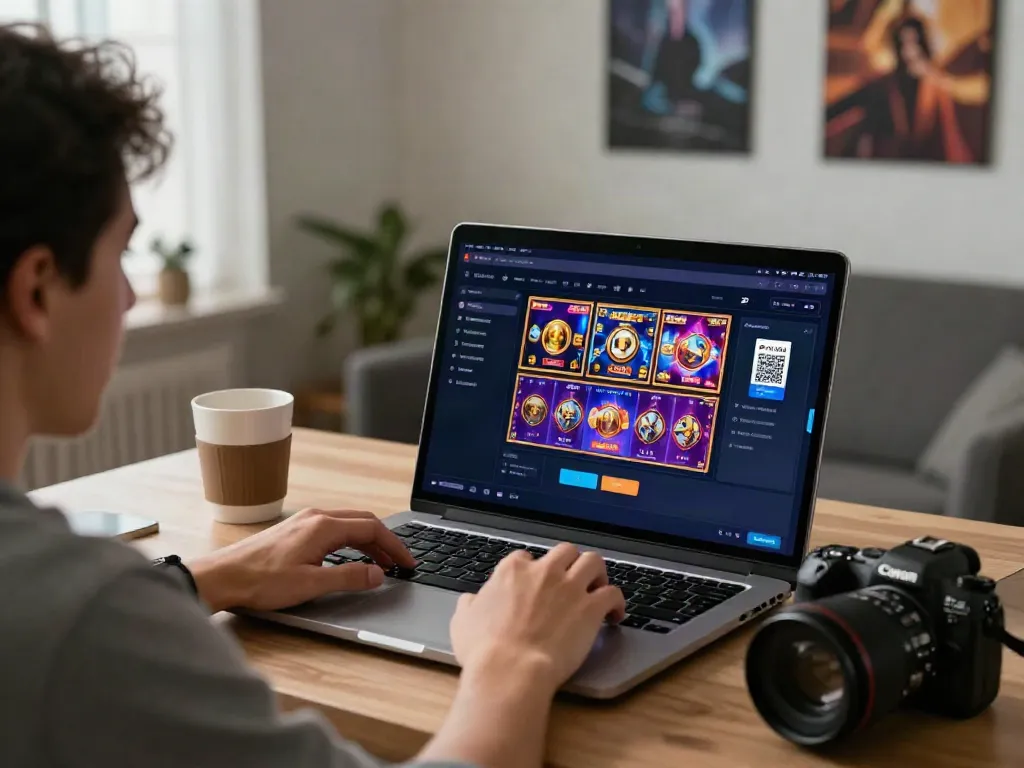 Engaging online gaming experience with slot qris payment method displayed on a laptop.