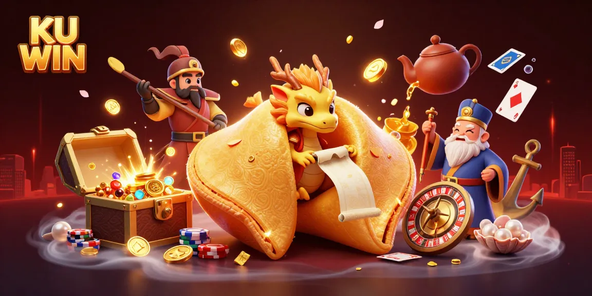 Experience the excitement of KU WIN with a vibrant casino scene featuring a golden fortune cookie and dynamic gaming elements.