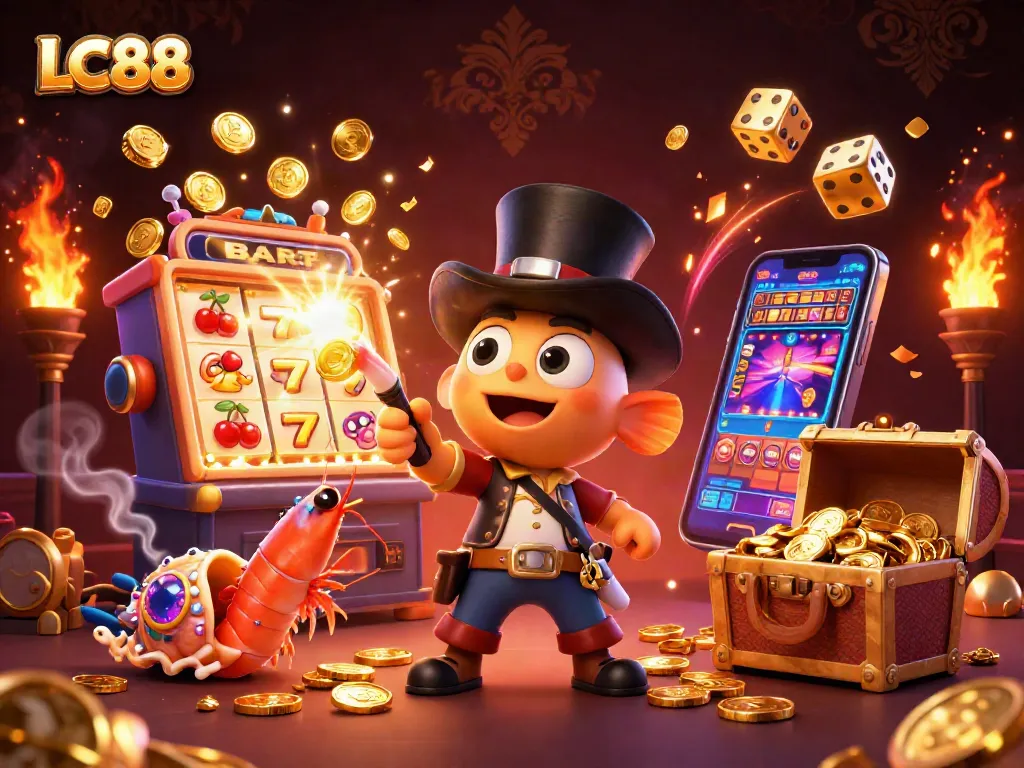 Engage with LC88 through this vibrant illustration featuring a 3D anglerfish enticing golden coins amid a lively casino scene.
