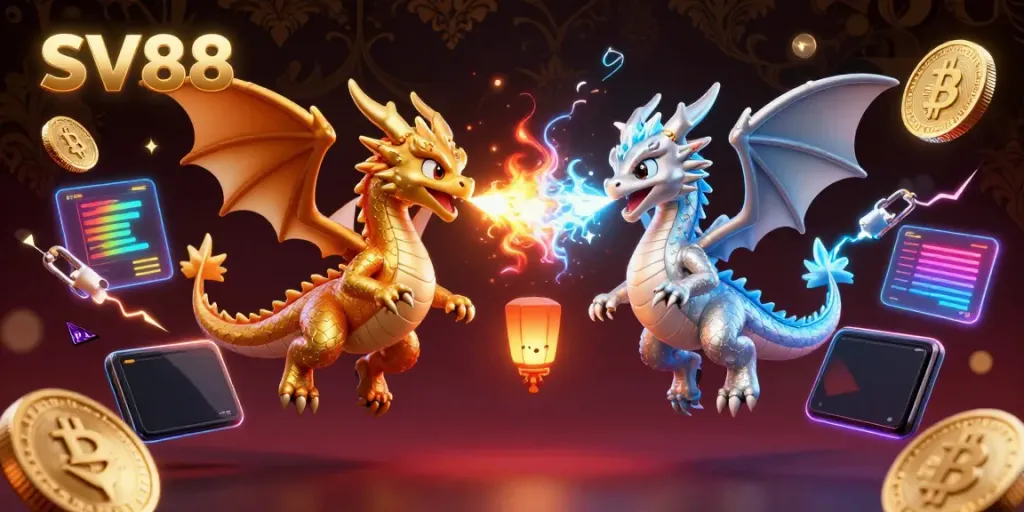 Experience thrilling SV88 gaming with dynamic dragons, crypto symbols, and vibrant casino elements.