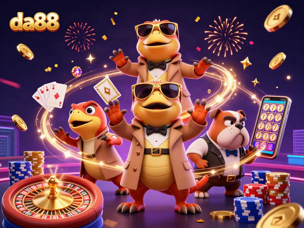 Experience thrilling da88 moments with cartoon raptors at a vibrant casino scene.