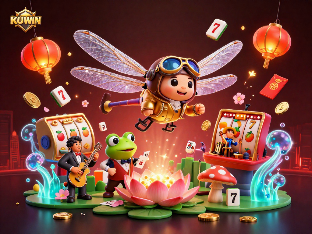 Experience the thrill of KUWIN with a vibrant 3D casino scene featuring unique characters and playful gaming elements.