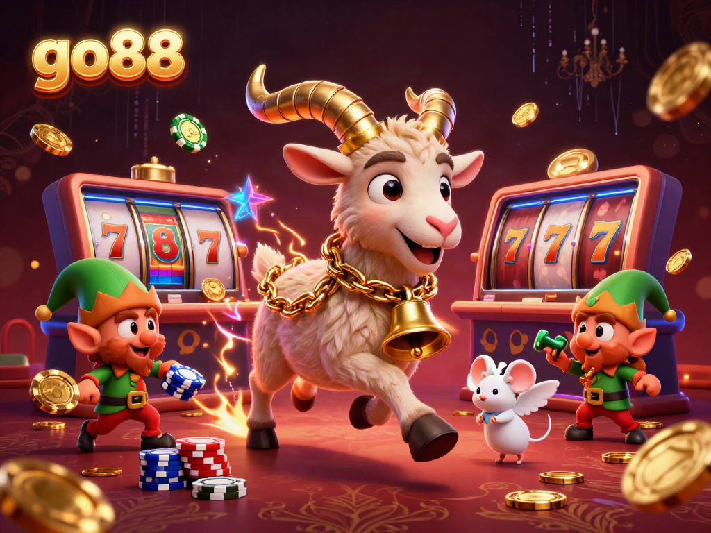 Engage with vibrant go88 casino action featuring Krampus, an angel mouse, and elf gremlins in a festive setting.