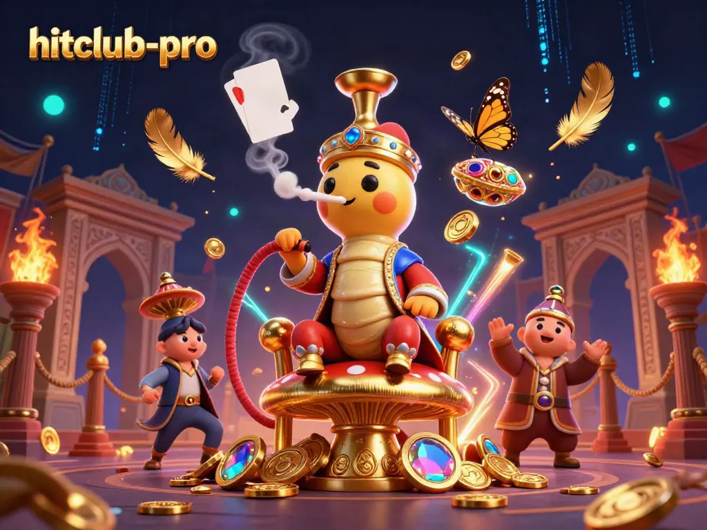 Hitclub-pro showcases an engaging 3D illustration depicting a whimsical hookah-master and gambling elements.