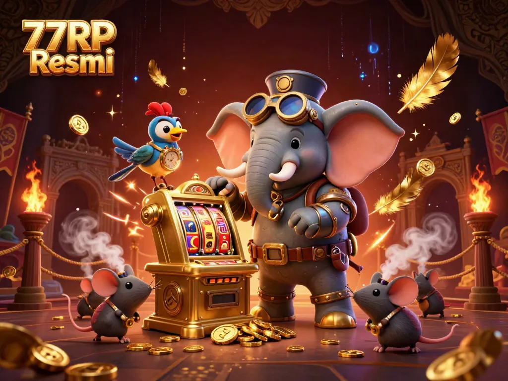 Play slots dynamically with 77RP Resmi, featuring engaging steampunk characters and golden coins.