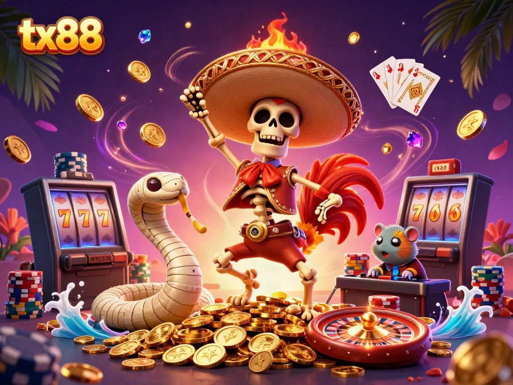 Experience thrilling gaming with tx88 as vibrant characters celebrate on a sea of gold coins.
